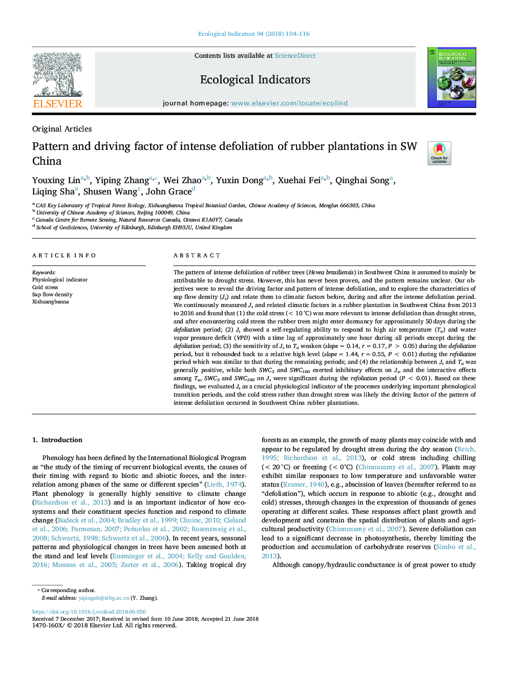 Pattern and driving factor of intense defoliation of rubber plantations in SW China