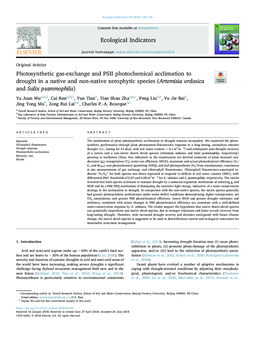 Photosynthetic gas-exchange and PSII photochemical acclimation to drought in a native and non-native xerophytic species (Artemisia ordosica and Salix psammophila)