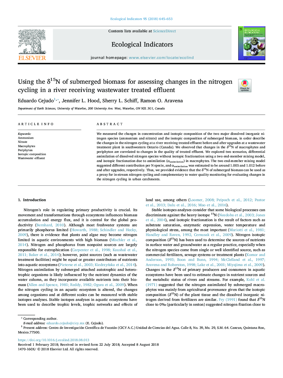 Using the Î´15N of submerged biomass for assessing changes in the nitrogen cycling in a river receiving wastewater treated effluent