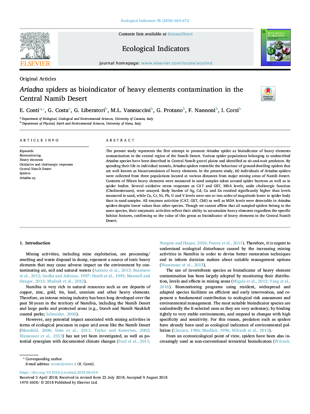 Ariadna spiders as bioindicator of heavy elements contamination in the Central Namib Desert