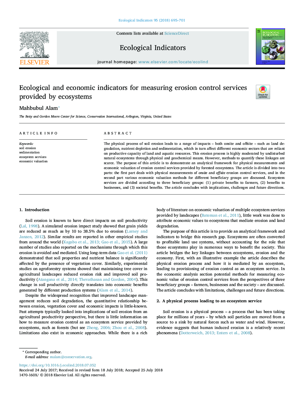 Ecological and economic indicators for measuring erosion control services provided by ecosystems