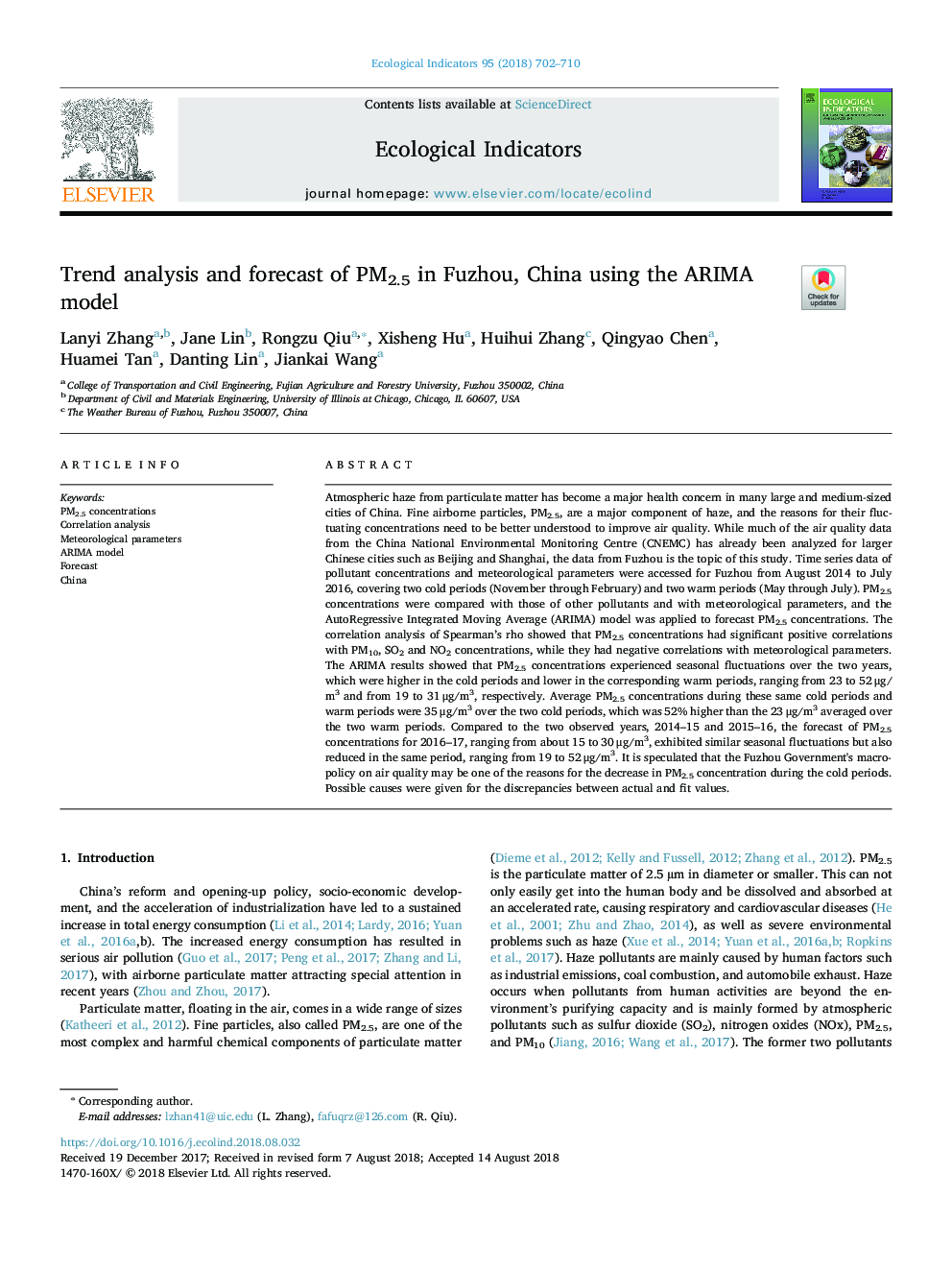 Trend analysis and forecast of PM2.5 in Fuzhou, China using the ARIMA model