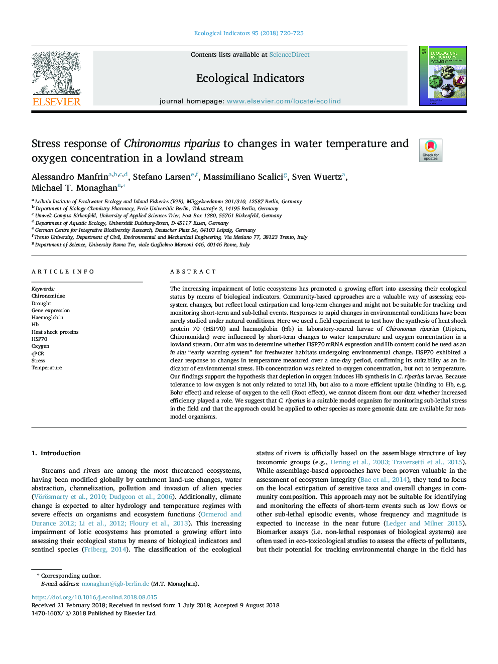 Stress response of Chironomus riparius to changes in water temperature and oxygen concentration in a lowland stream