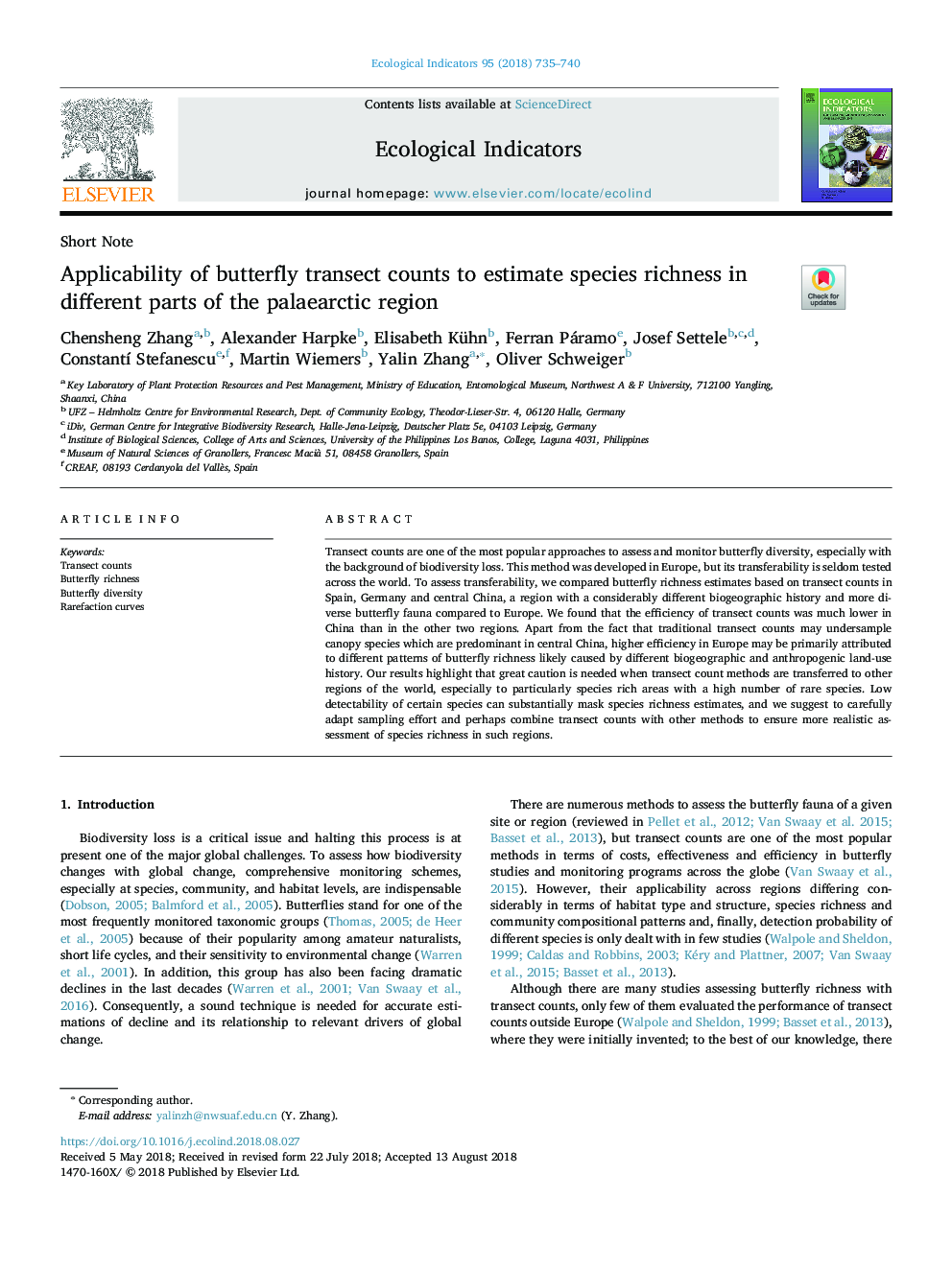 Applicability of butterfly transect counts to estimate species richness in different parts of the palaearctic region