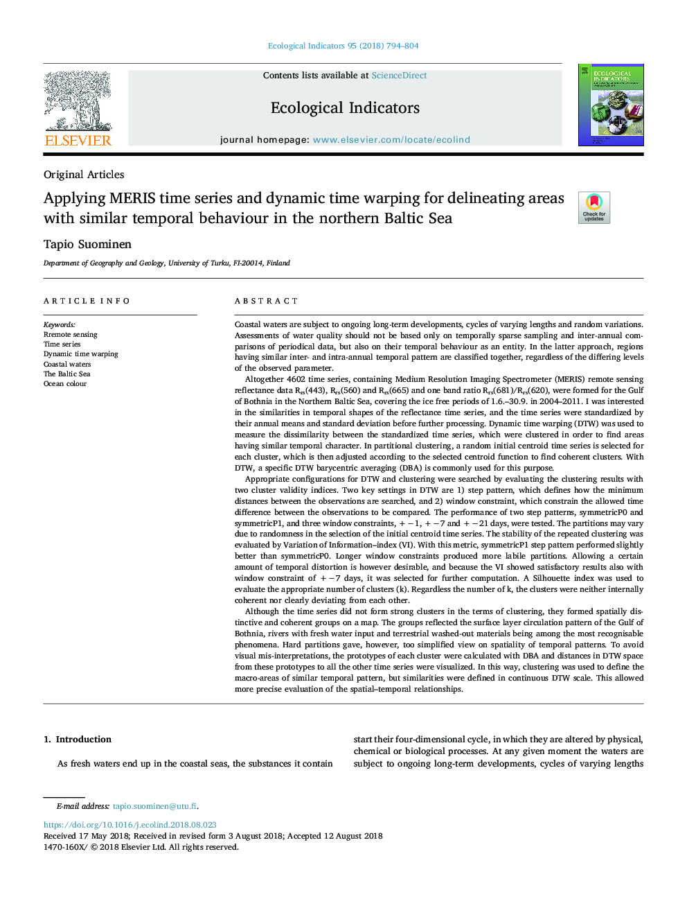 Applying MERIS time series and dynamic time warping for delineating areas with similar temporal behaviour in the northern Baltic Sea