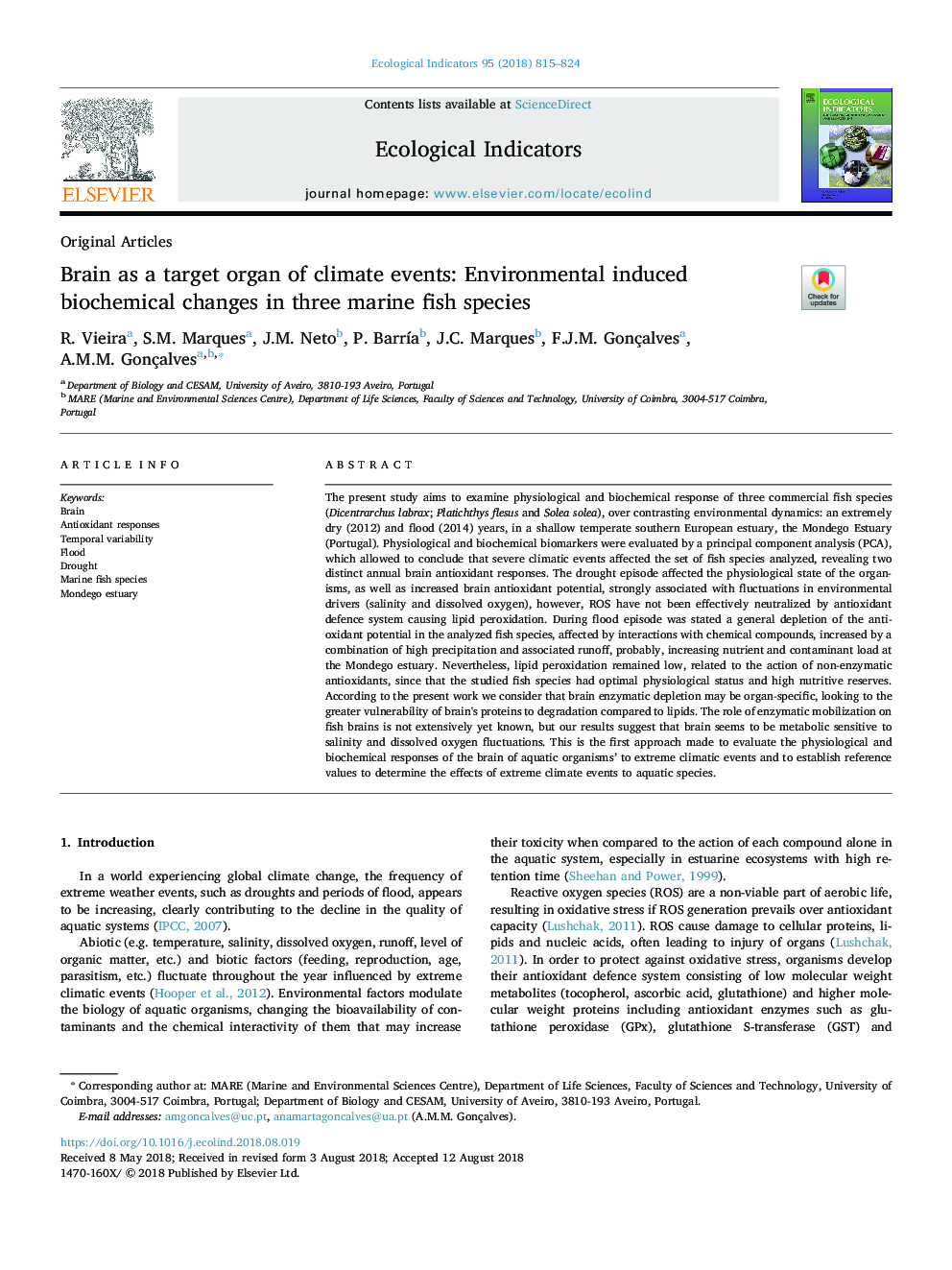 Brain as a target organ of climate events: Environmental induced biochemical changes in three marine fish species