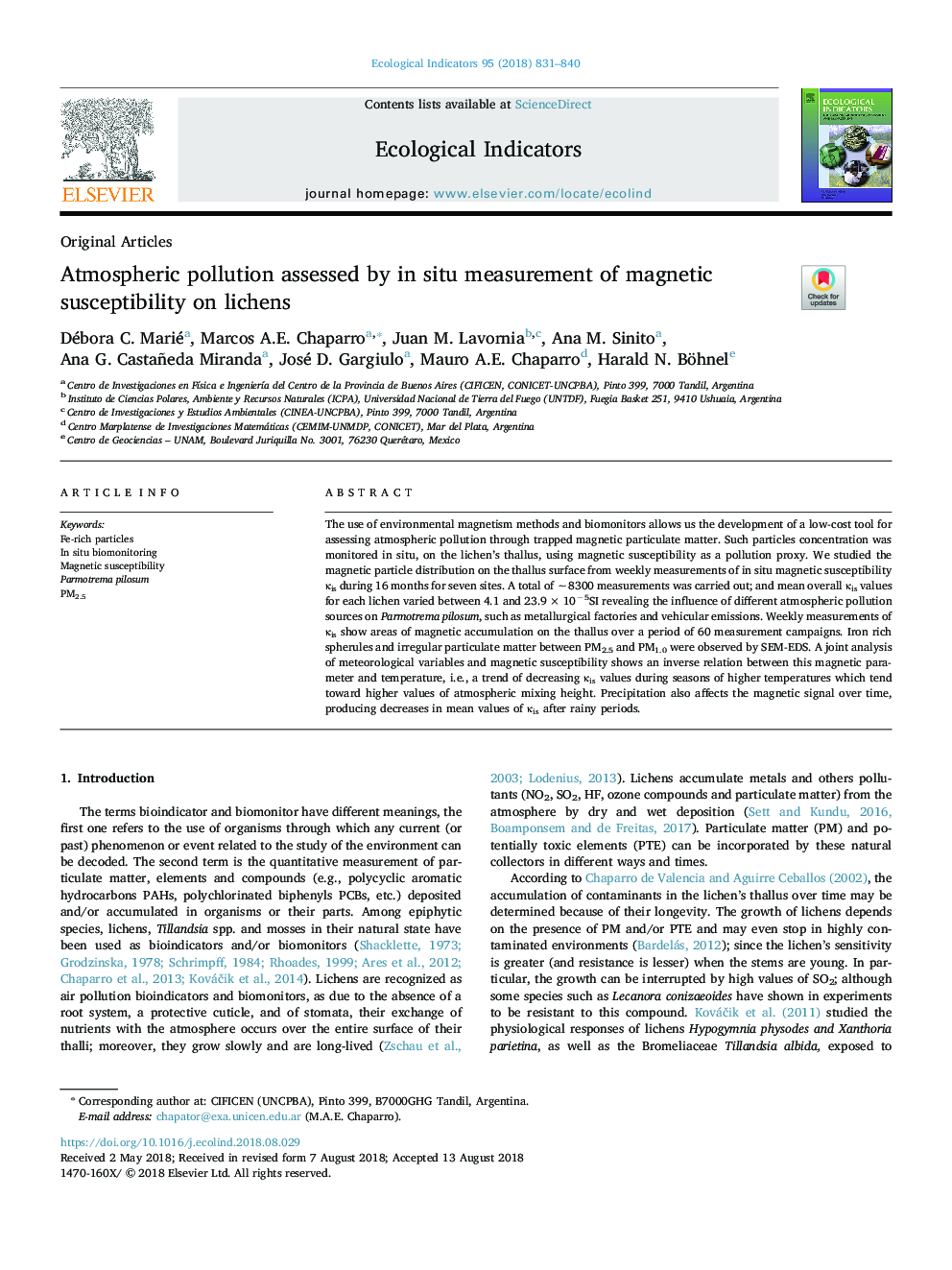 Atmospheric pollution assessed by in situ measurement of magnetic susceptibility on lichens