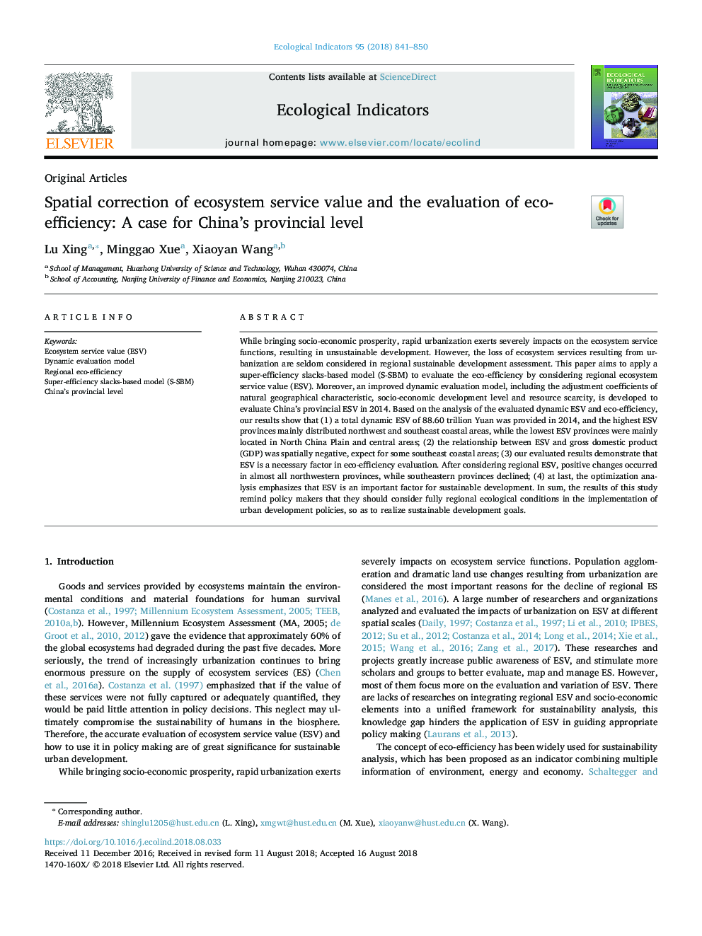 Spatial correction of ecosystem service value and the evaluation of eco-efficiency: A case for China's provincial level