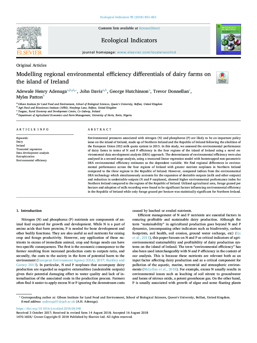 Modelling regional environmental efficiency differentials of dairy farms on the island of Ireland