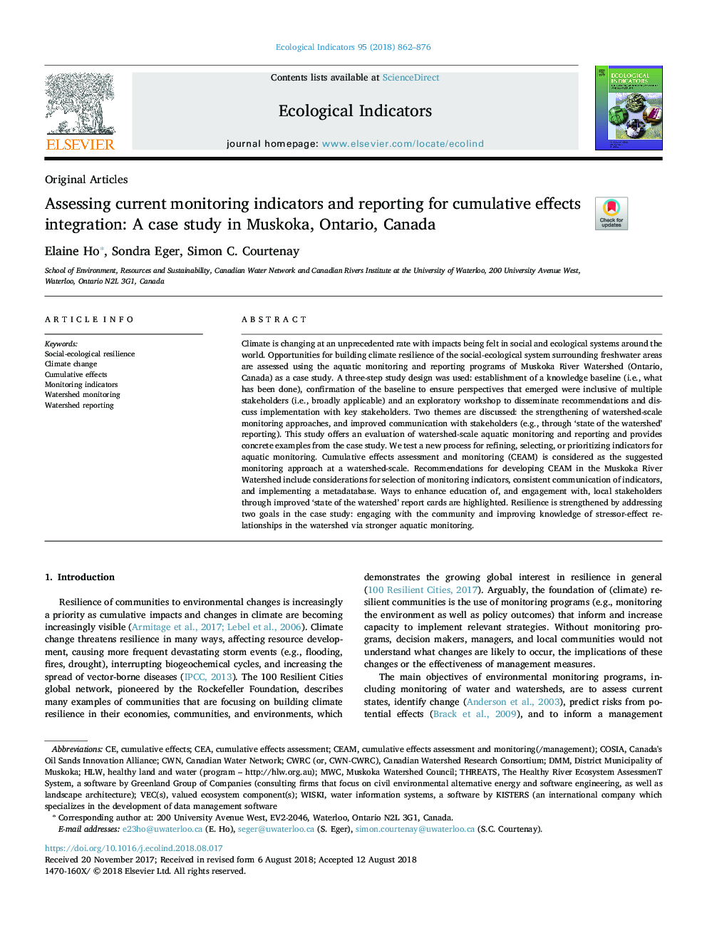 ارزیابی شاخص های کنونی نظارت و گزارش گیری برای ادغام اثرات تجمعی: مطالعه موردی در مسکوکا، انتاریو، کانادا 