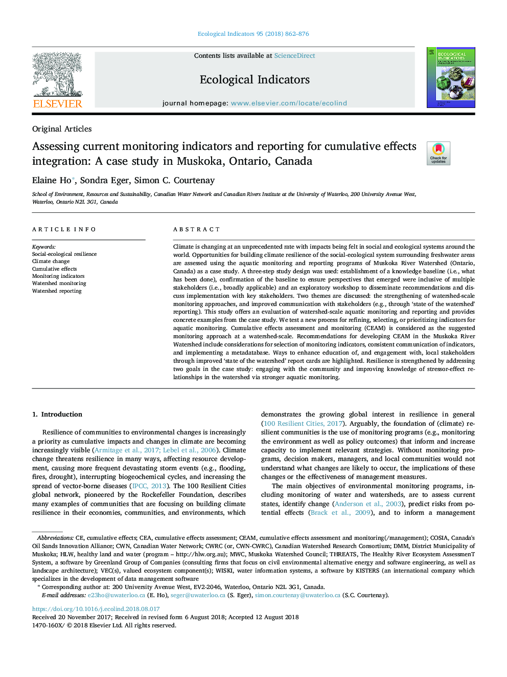 Assessing current monitoring indicators and reporting for cumulative effects integration: A case study in Muskoka, Ontario, Canada