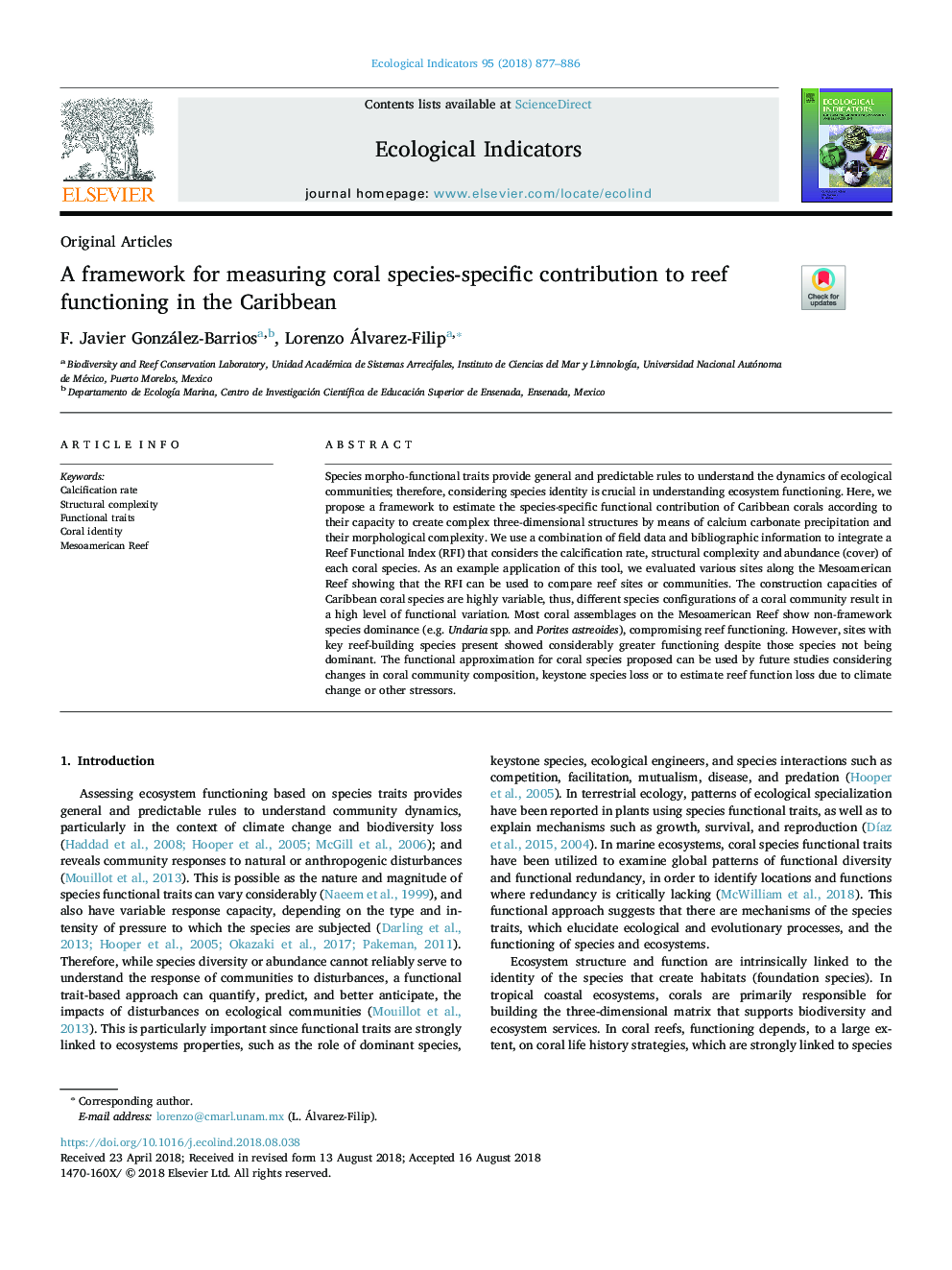 A framework for measuring coral species-specific contribution to reef functioning in the Caribbean