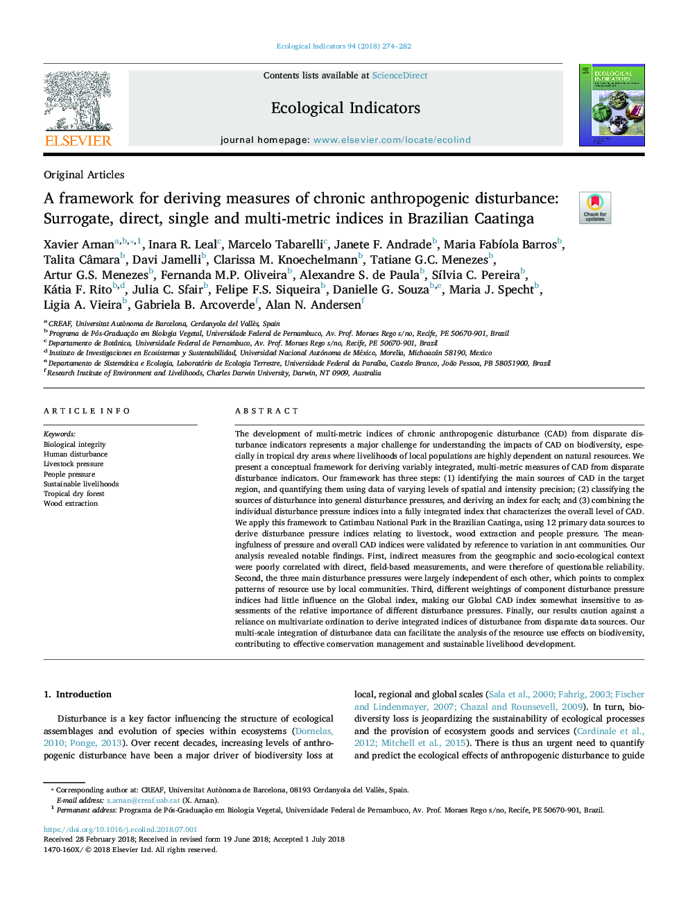 A framework for deriving measures of chronic anthropogenic disturbance: Surrogate, direct, single and multi-metric indices in Brazilian Caatinga