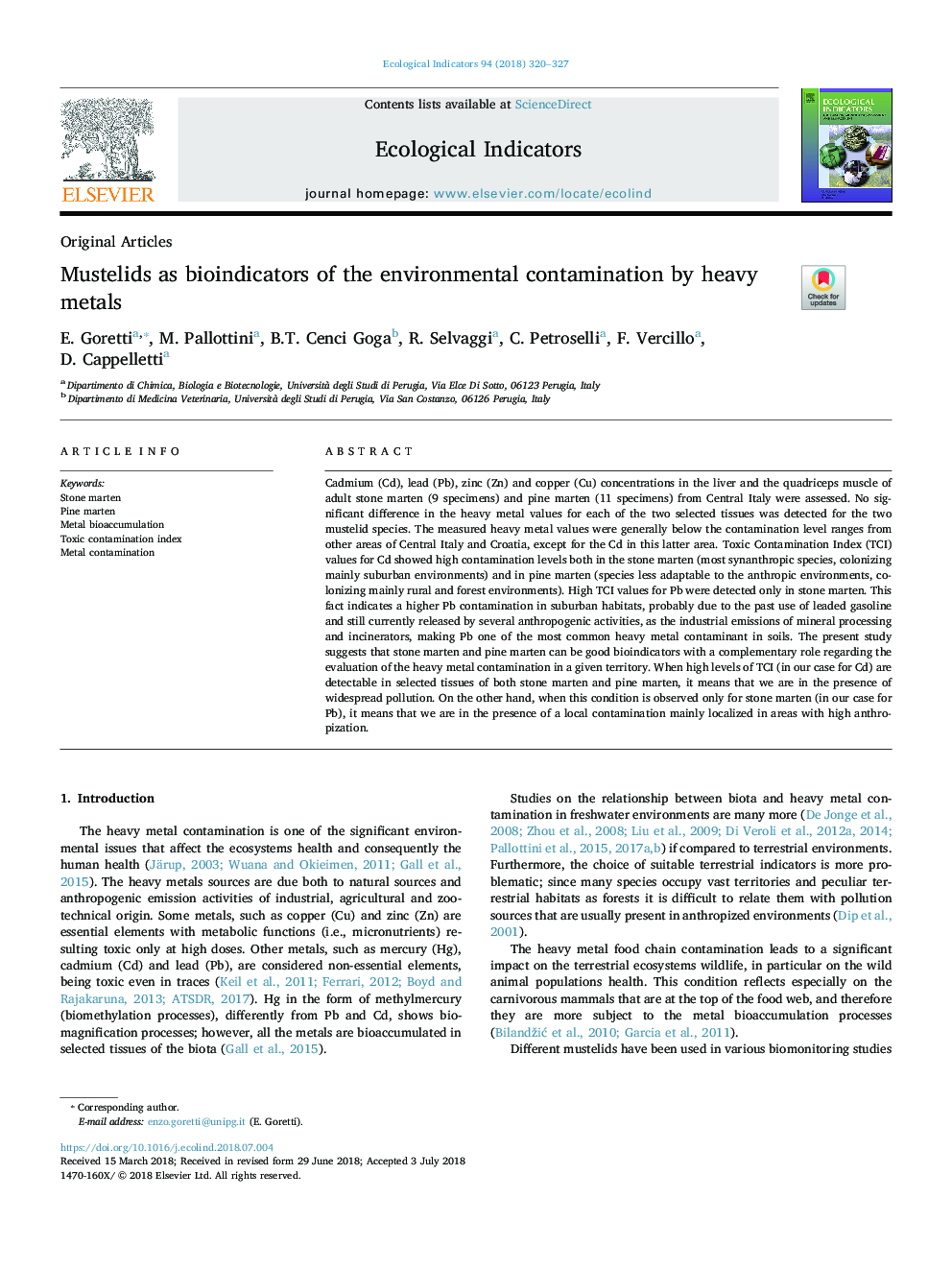 Mustelids as bioindicators of the environmental contamination by heavy metals