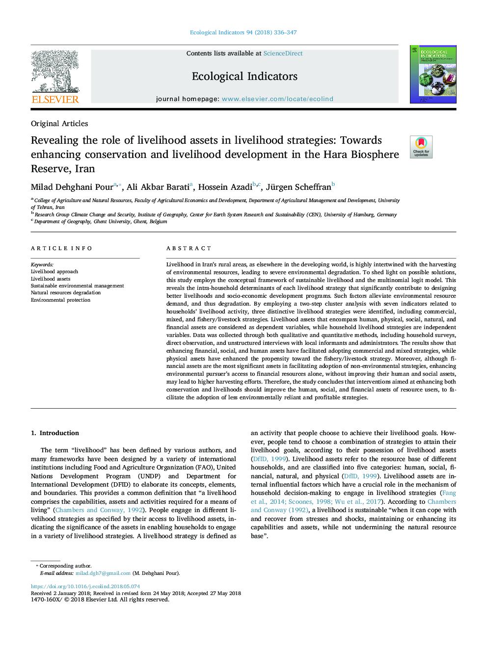 Revealing the role of livelihood assets in livelihood strategies: Towards enhancing conservation and livelihood development in the Hara Biosphere Reserve, Iran