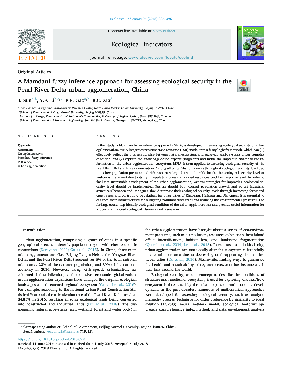 A Mamdani fuzzy inference approach for assessing ecological security in the Pearl River Delta urban agglomeration, China