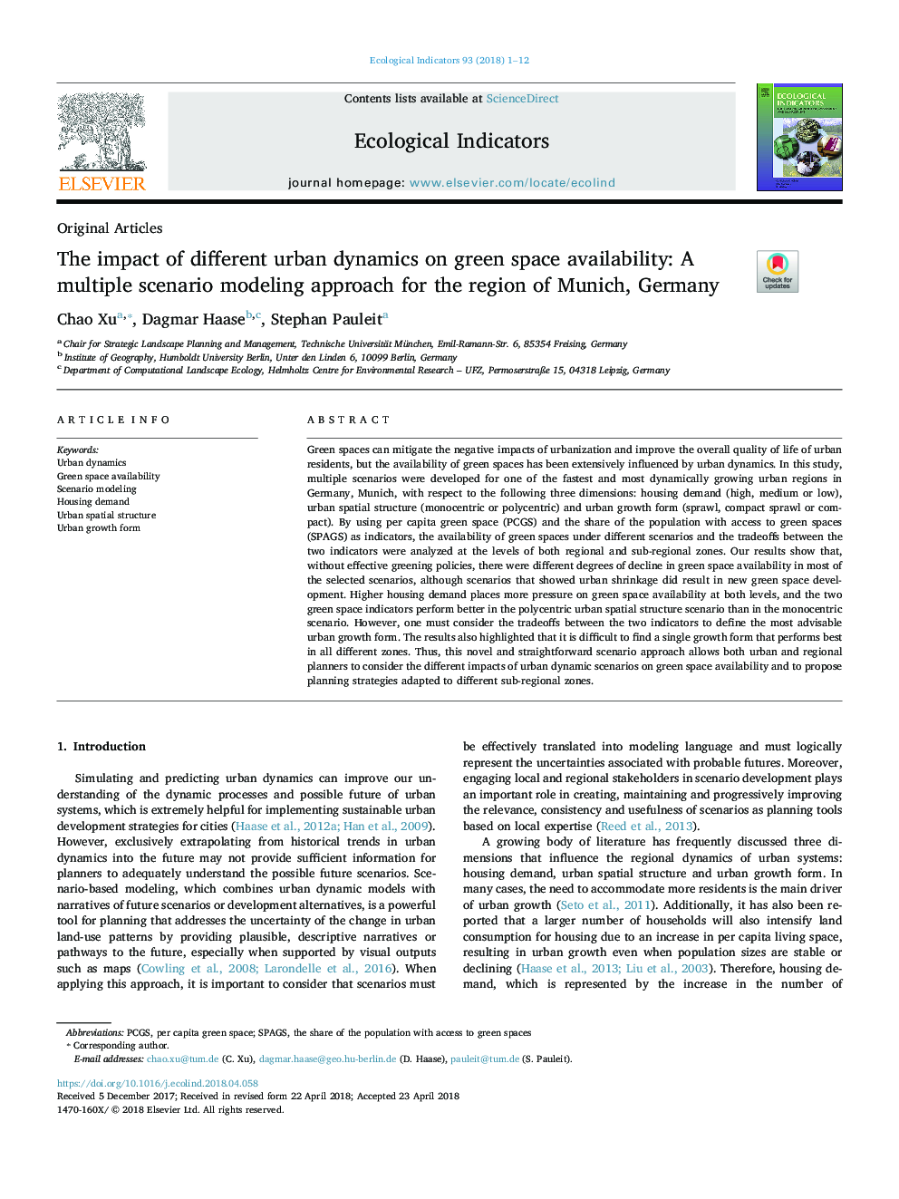 The impact of different urban dynamics on green space availability: A multiple scenario modeling approach for the region of Munich, Germany