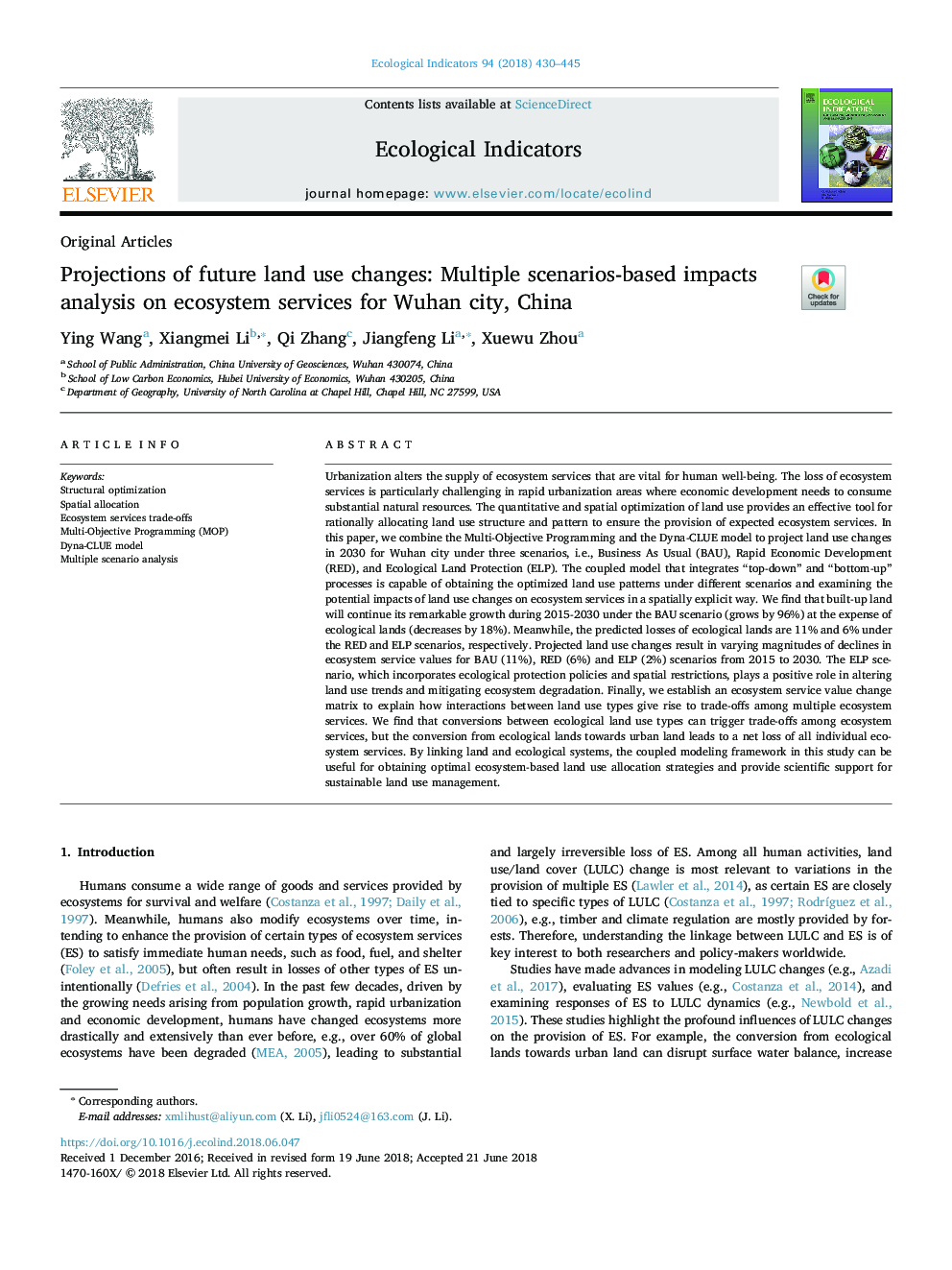 Projections of future land use changes: Multiple scenarios-based impacts analysis on ecosystem services for Wuhan city, China