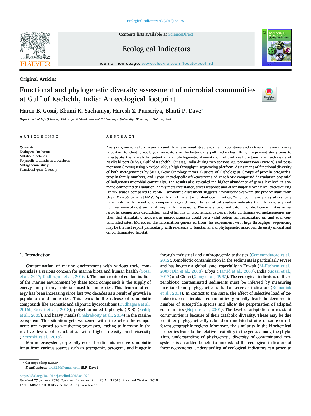 Functional and phylogenetic diversity assessment of microbial communities at Gulf of Kachchh, India: An ecological footprint