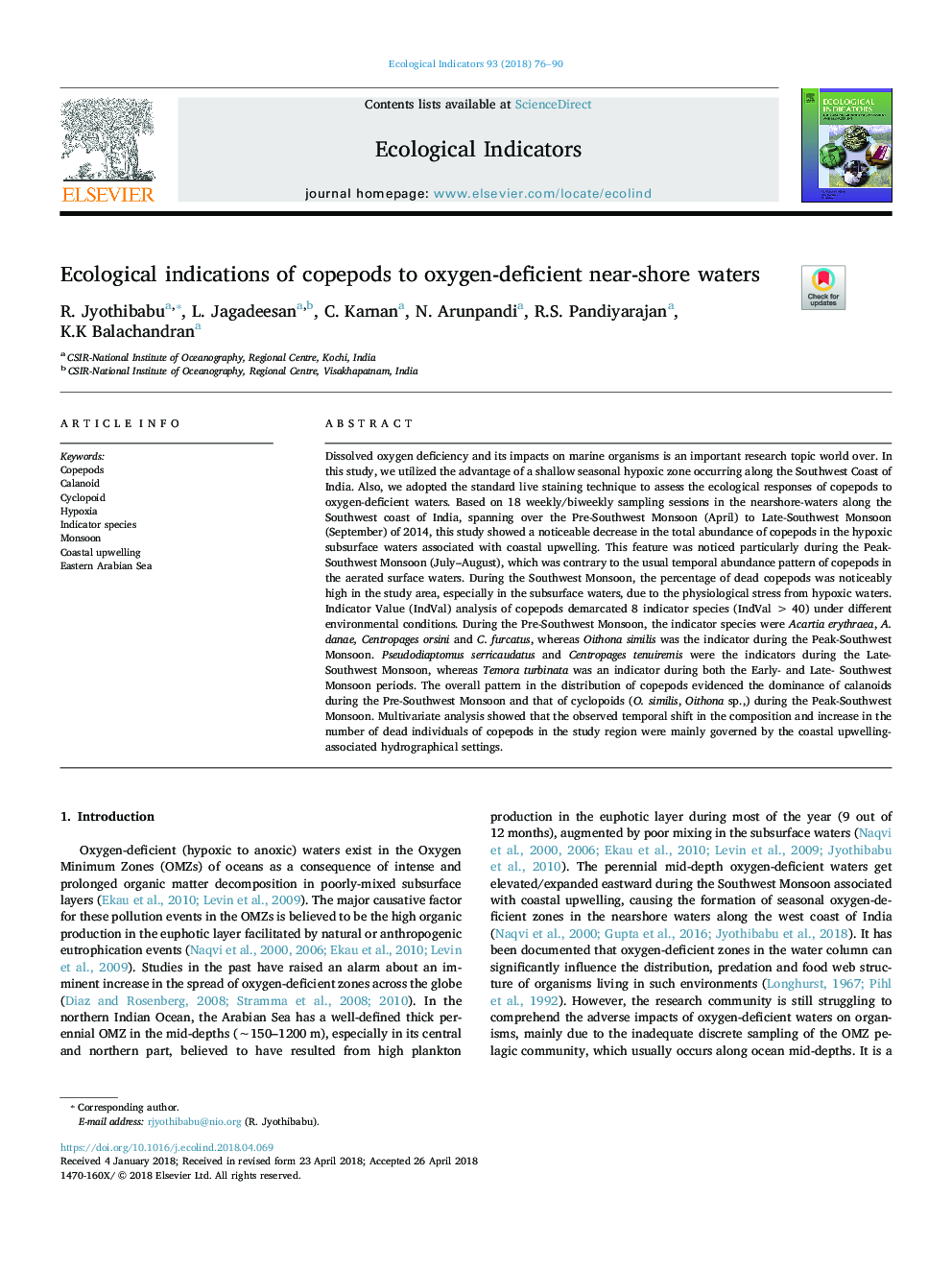 Ecological indications of copepods to oxygen-deficient near-shore waters