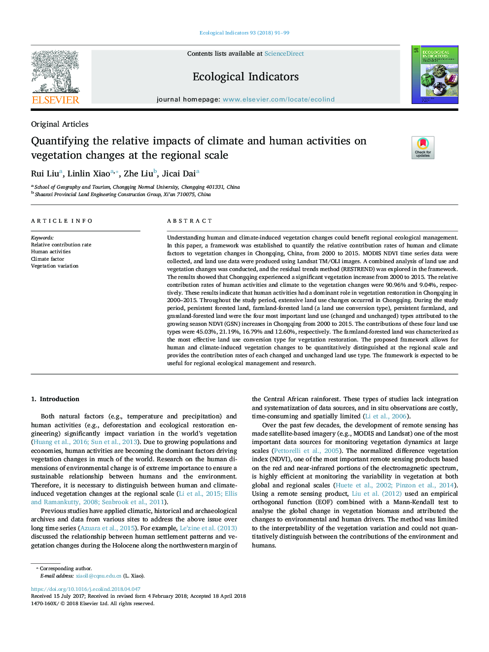 Quantifying the relative impacts of climate and human activities on vegetation changes at the regional scale