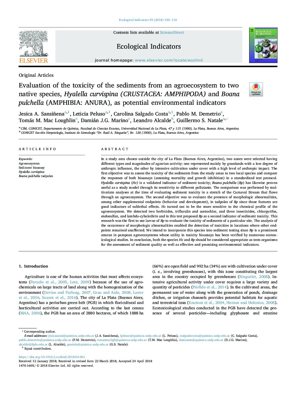 Evaluation of the toxicity of the sediments from an agroecosystem to two native species, Hyalella curvispina (CRUSTACEA: AMPHIPODA) and Boana pulchella (AMPHIBIA: ANURA), as potential environmental indicators