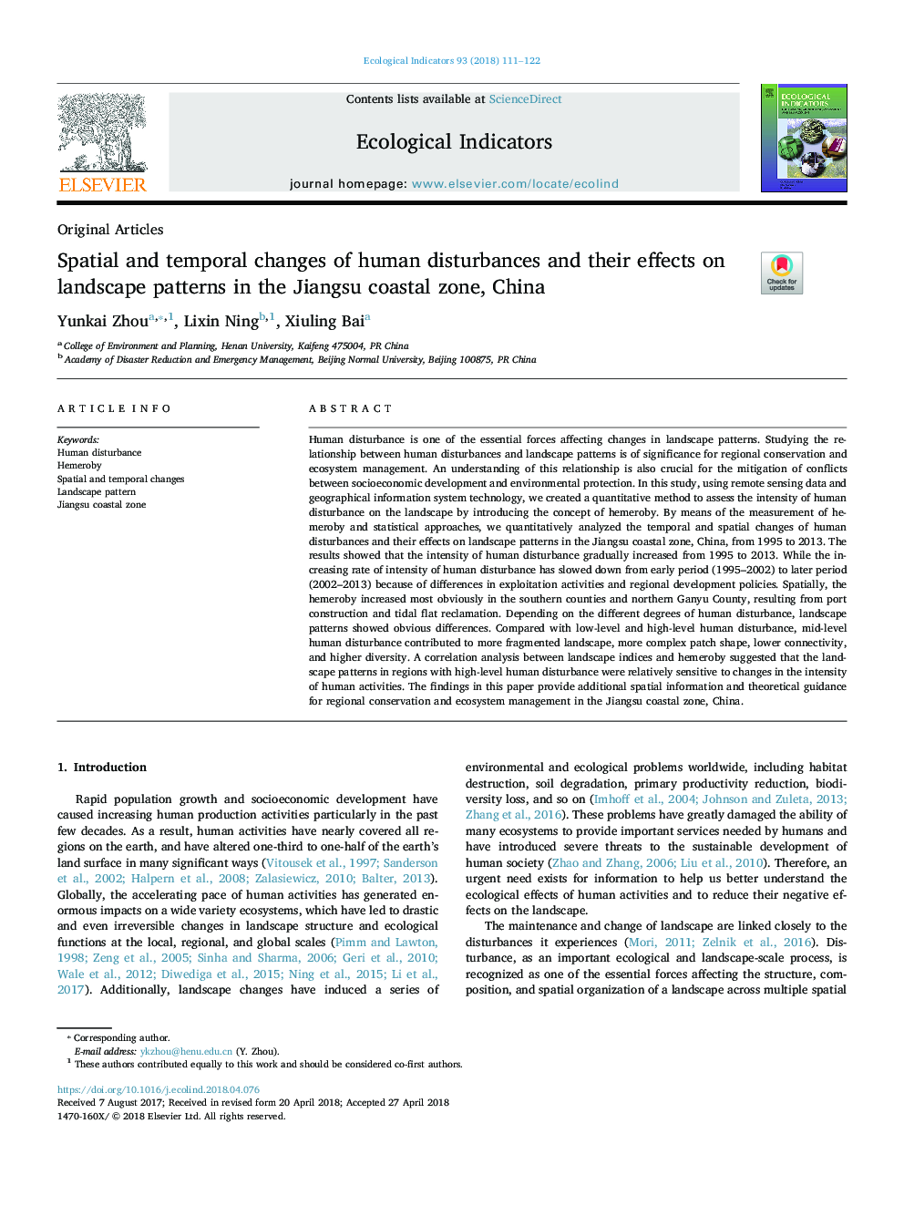 Spatial and temporal changes of human disturbances and their effects on landscape patterns in the Jiangsu coastal zone, China