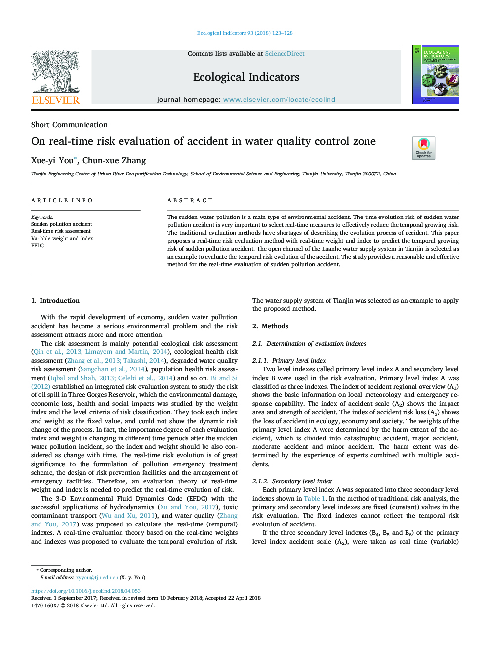 On real-time risk evaluation of accident in water quality control zone