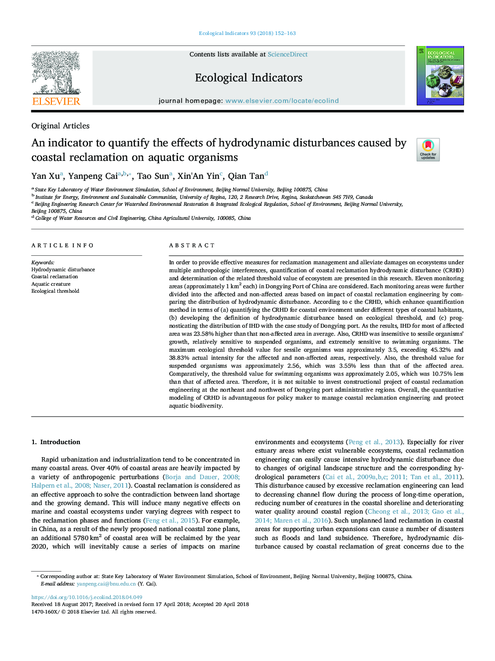 An indicator to quantify the effects of hydrodynamic disturbances caused by coastal reclamation on aquatic organisms