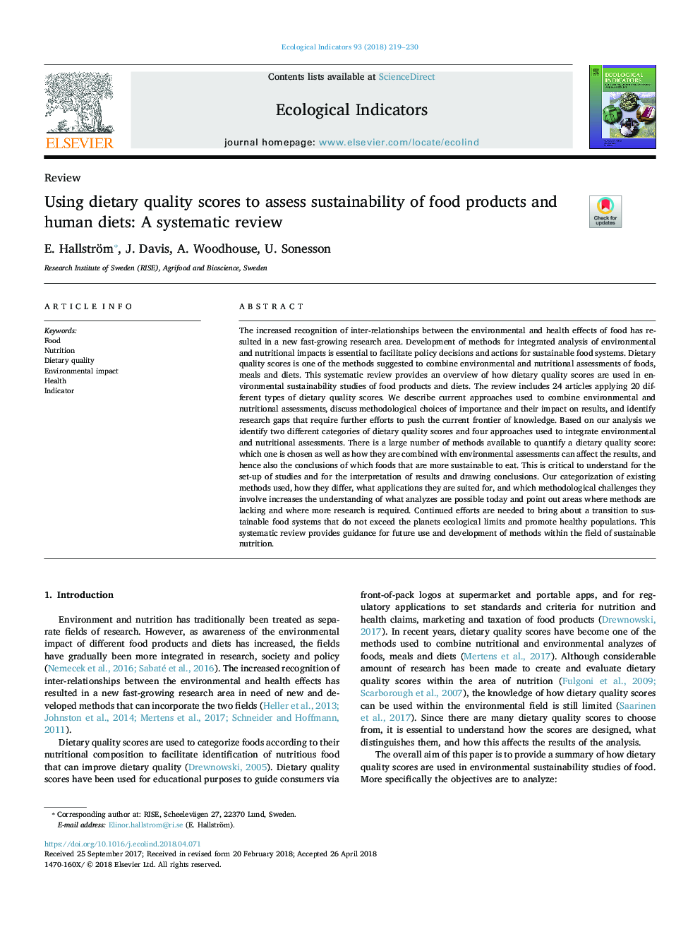 Using dietary quality scores to assess sustainability of food products and human diets: A systematic review