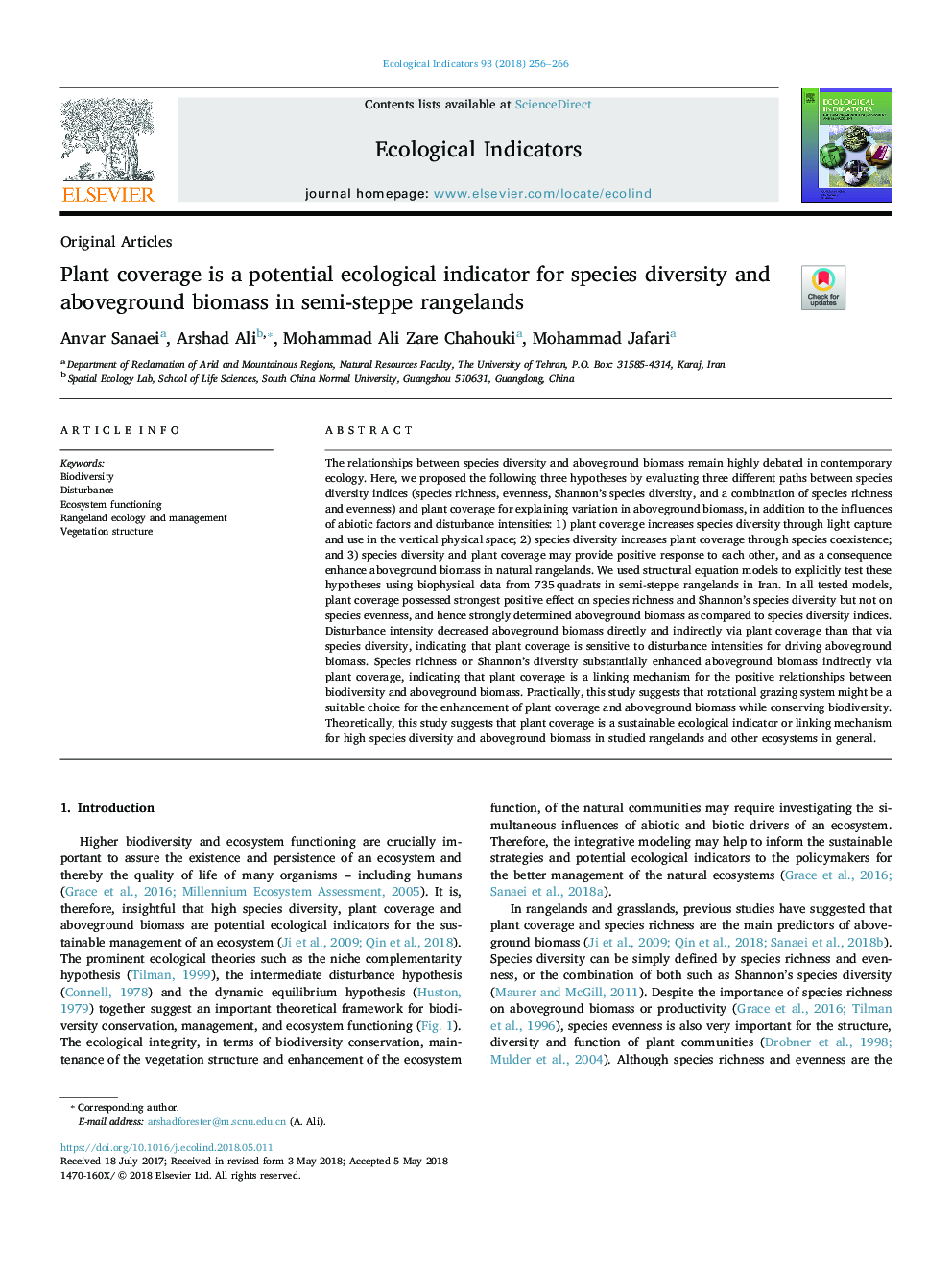 Plant coverage is a potential ecological indicator for species diversity and aboveground biomass in semi-steppe rangelands