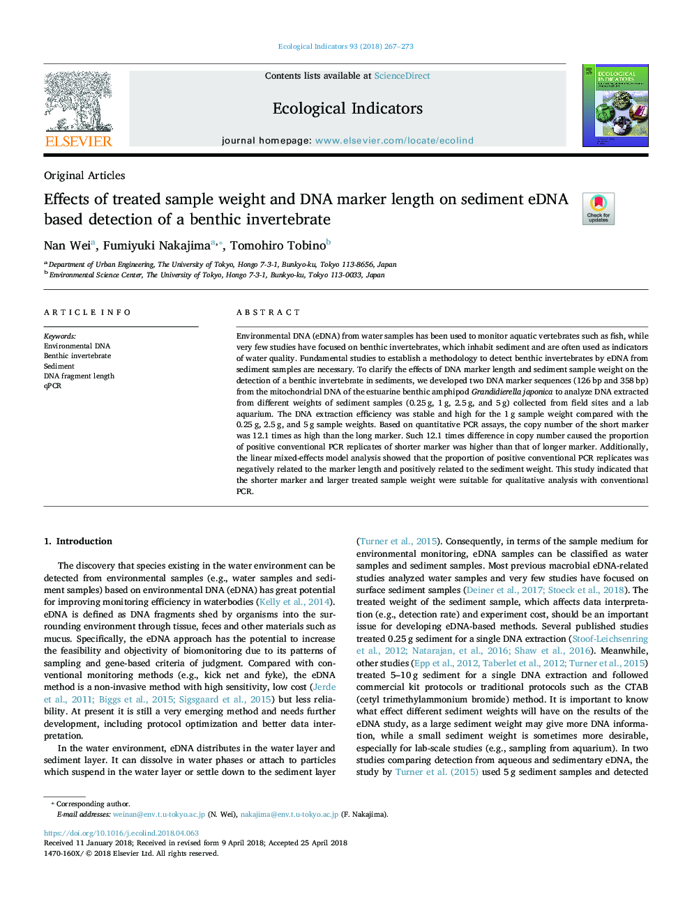 عکس صفحه اول مقاله: Effects of treated sample weight and DNA marker length on sediment eDNA based detection of a benthic invertebrate Effects of treated sample weight and DNA marker length on sediment eDNA based detection of a benthic invertebrate