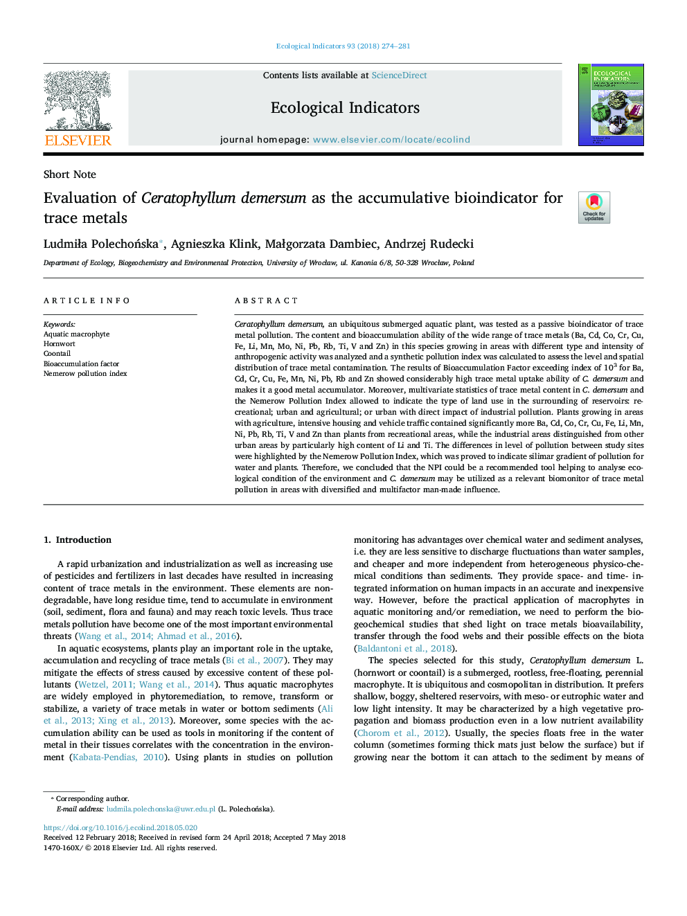 Evaluation of Ceratophyllum demersum as the accumulative bioindicator for trace metals