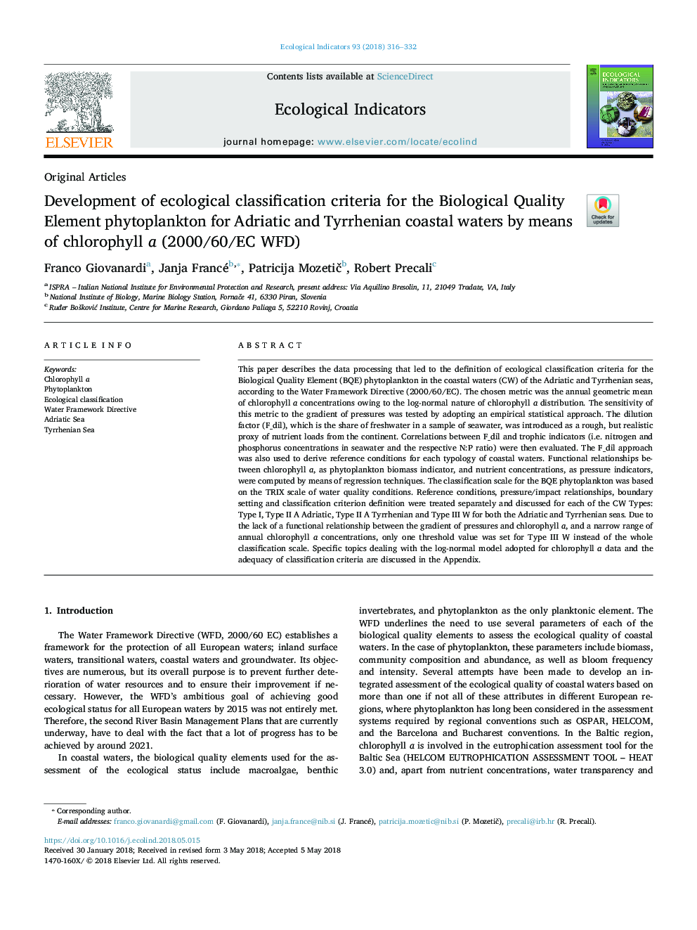 Development of ecological classification criteria for the Biological Quality Element phytoplankton for Adriatic and Tyrrhenian coastal waters by means of chlorophyll a (2000/60/EC WFD)