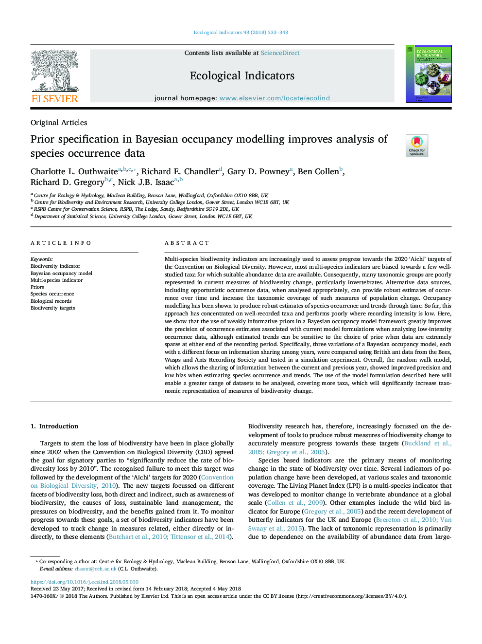 Prior specification in Bayesian occupancy modelling improves analysis of species occurrence data