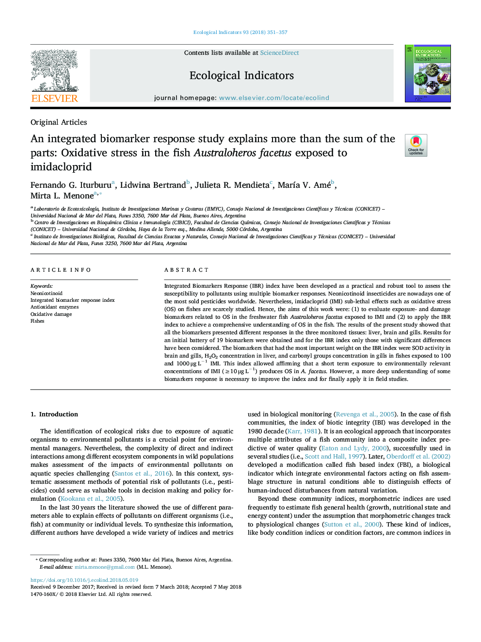 An integrated biomarker response study explains more than the sum of the parts: Oxidative stress in the fish Australoheros facetus exposed to imidacloprid