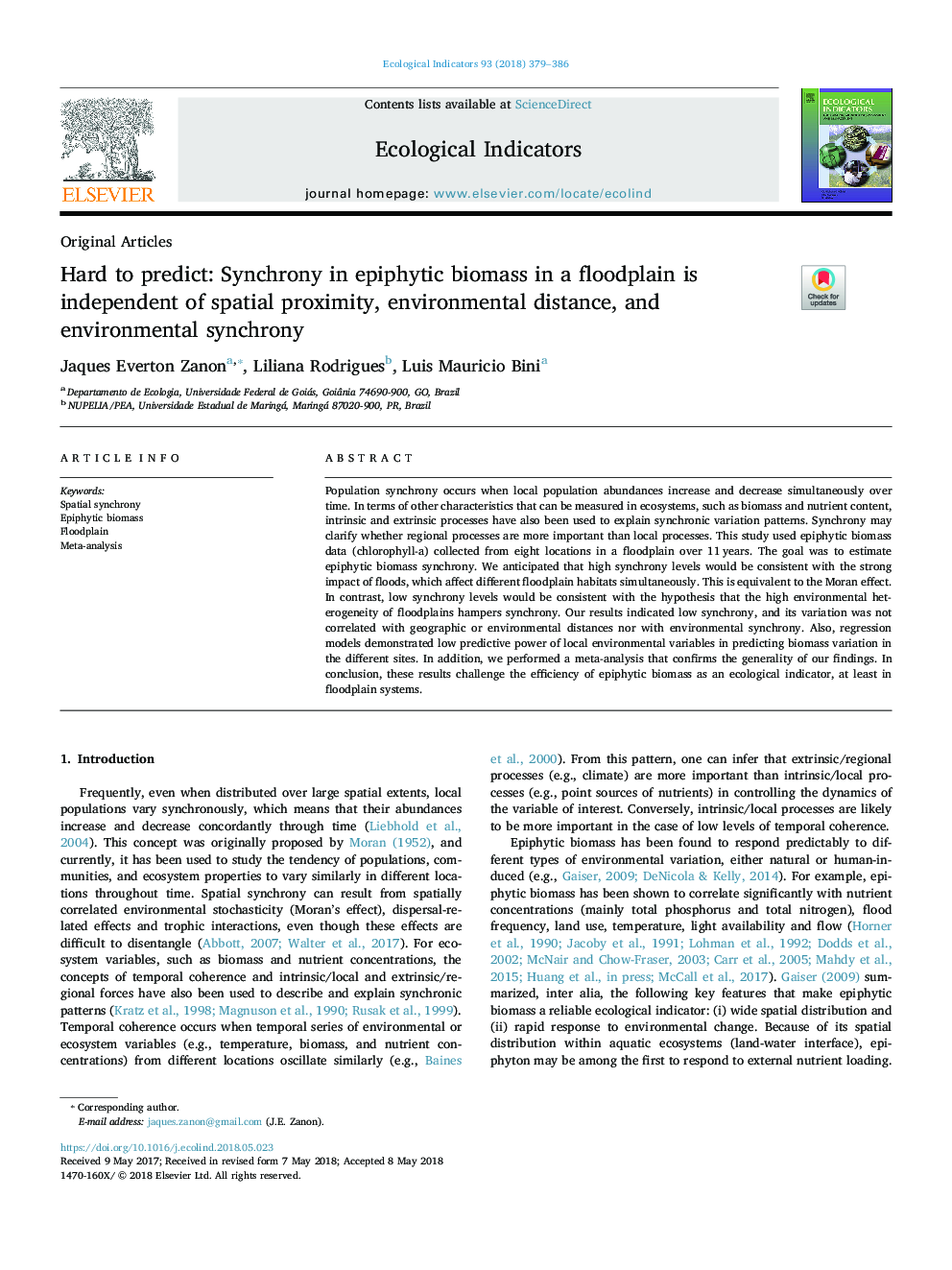 Hard to predict: Synchrony in epiphytic biomass in a floodplain is independent of spatial proximity, environmental distance, and environmental synchrony