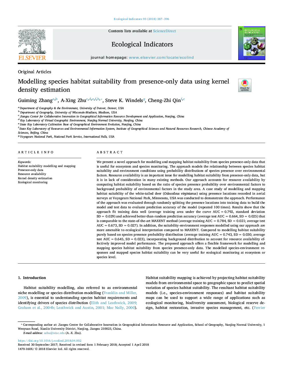 Modelling species habitat suitability from presence-only data using kernel density estimation