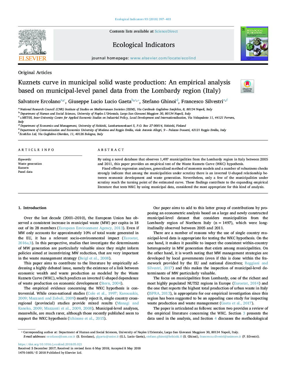 Kuznets curve in municipal solid waste production: An empirical analysis based on municipal-level panel data from the Lombardy region (Italy)