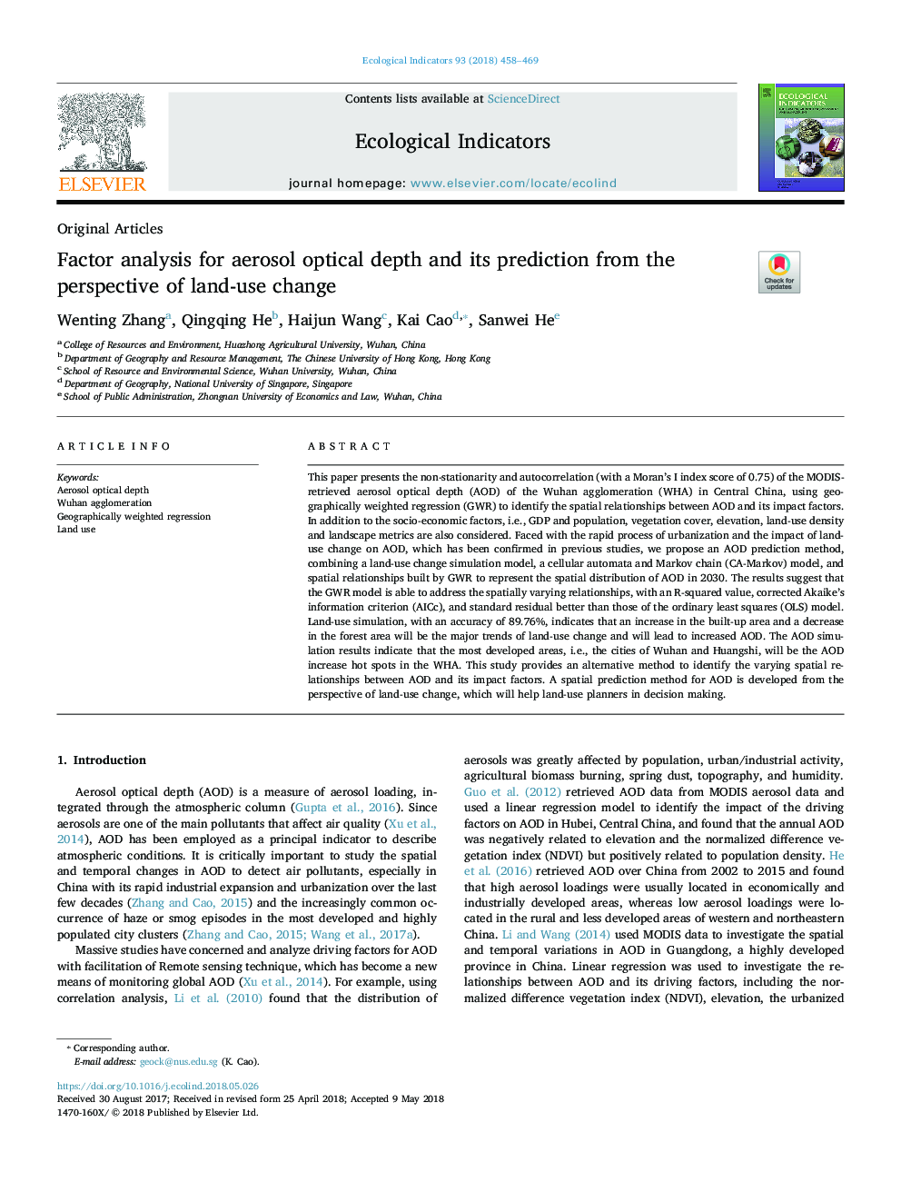 Factor analysis for aerosol optical depth and its prediction from the perspective of land-use change