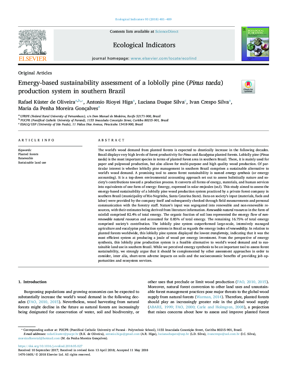 Emergy-based sustainability assessment of a loblolly pine (Pinus taeda) production system in southern Brazil