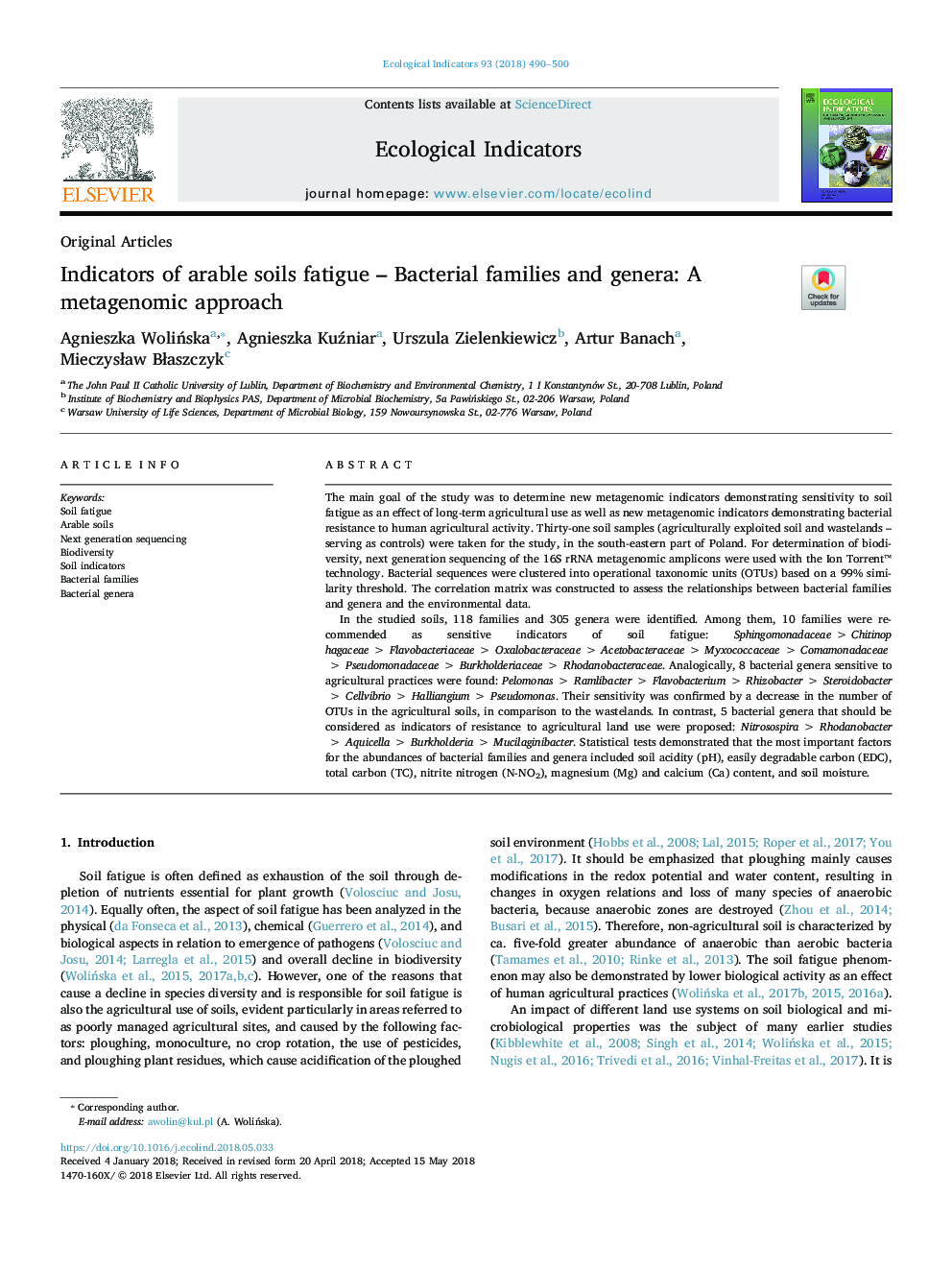 Indicators of arable soils fatigue - Bacterial families and genera: A metagenomic approach