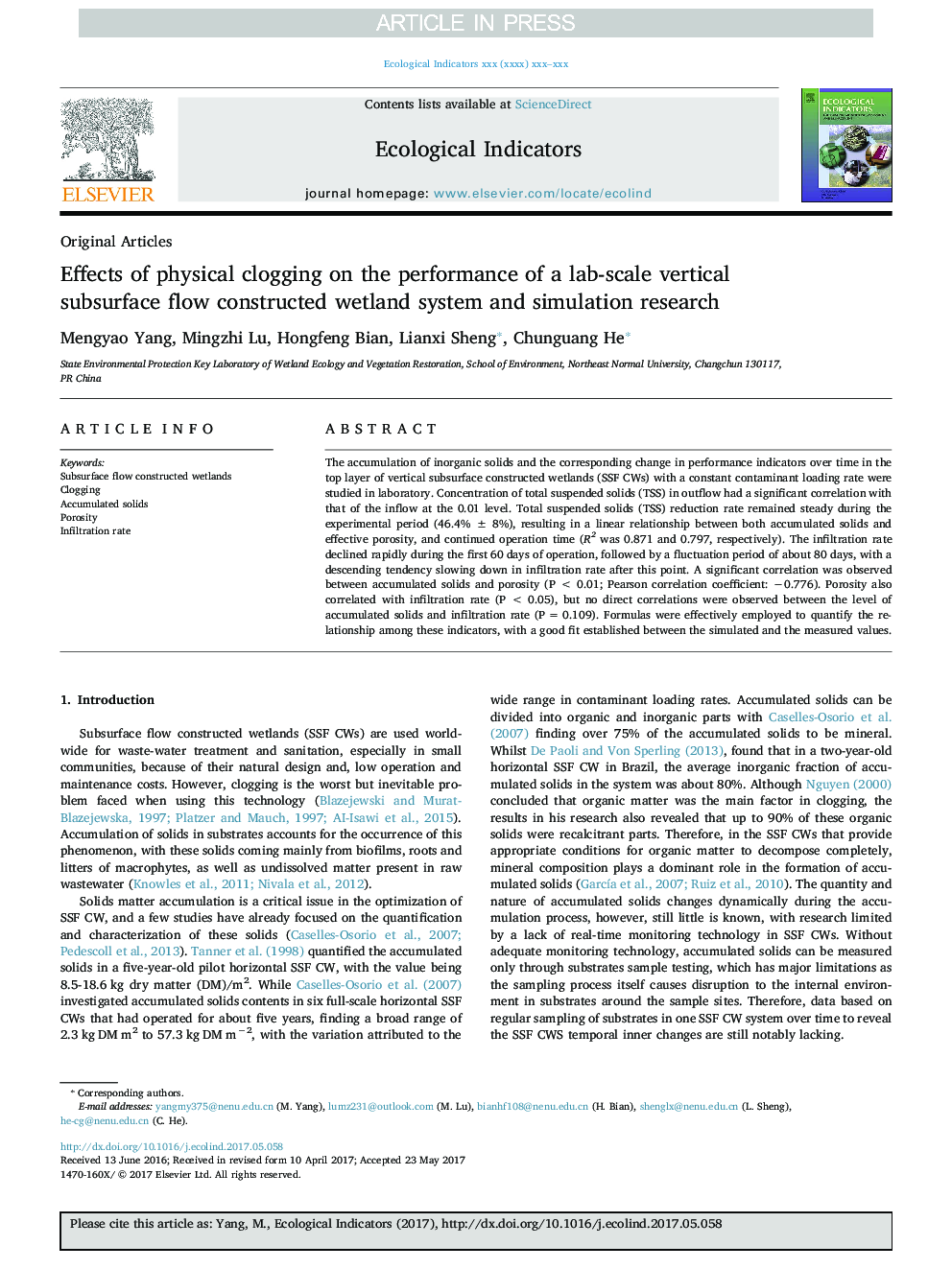Effects of physical clogging on the performance of a lab-scale vertical subsurface flow constructed wetland system and simulation research