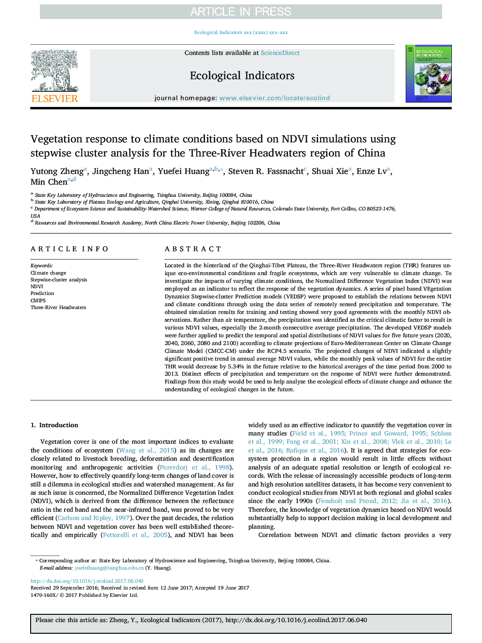 Vegetation response to climate conditions based on NDVI simulations using stepwise cluster analysis for the Three-River Headwaters region of China