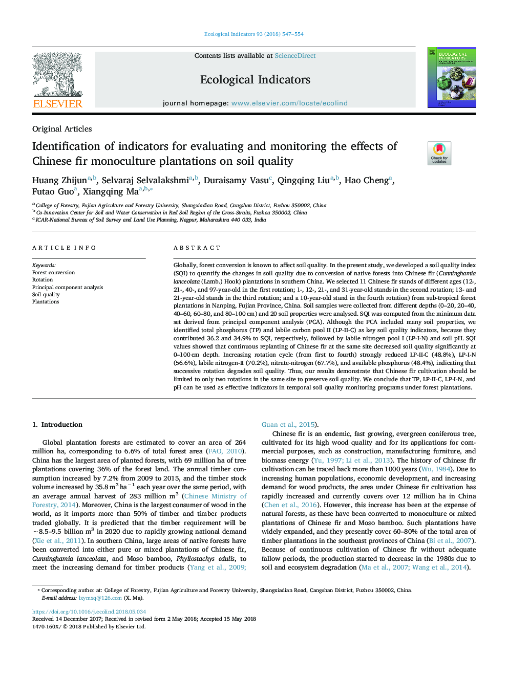 Identification of indicators for evaluating and monitoring the effects of Chinese fir monoculture plantations on soil quality