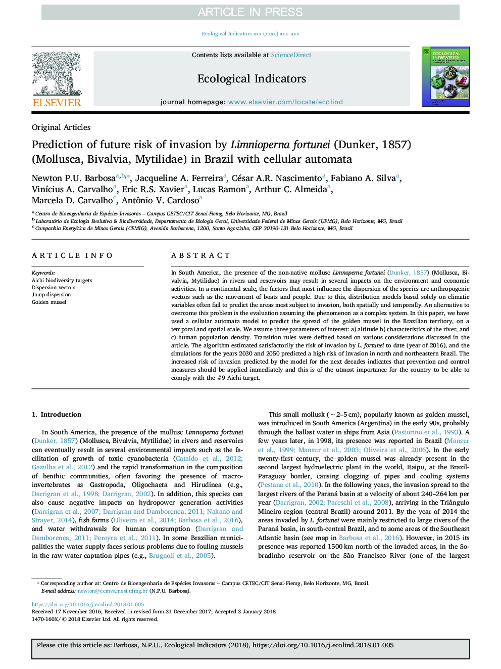 Prediction of future risk of invasion by Limnoperna fortunei (Dunker, 1857) (Mollusca, Bivalvia, Mytilidae) in Brazil with cellular automata