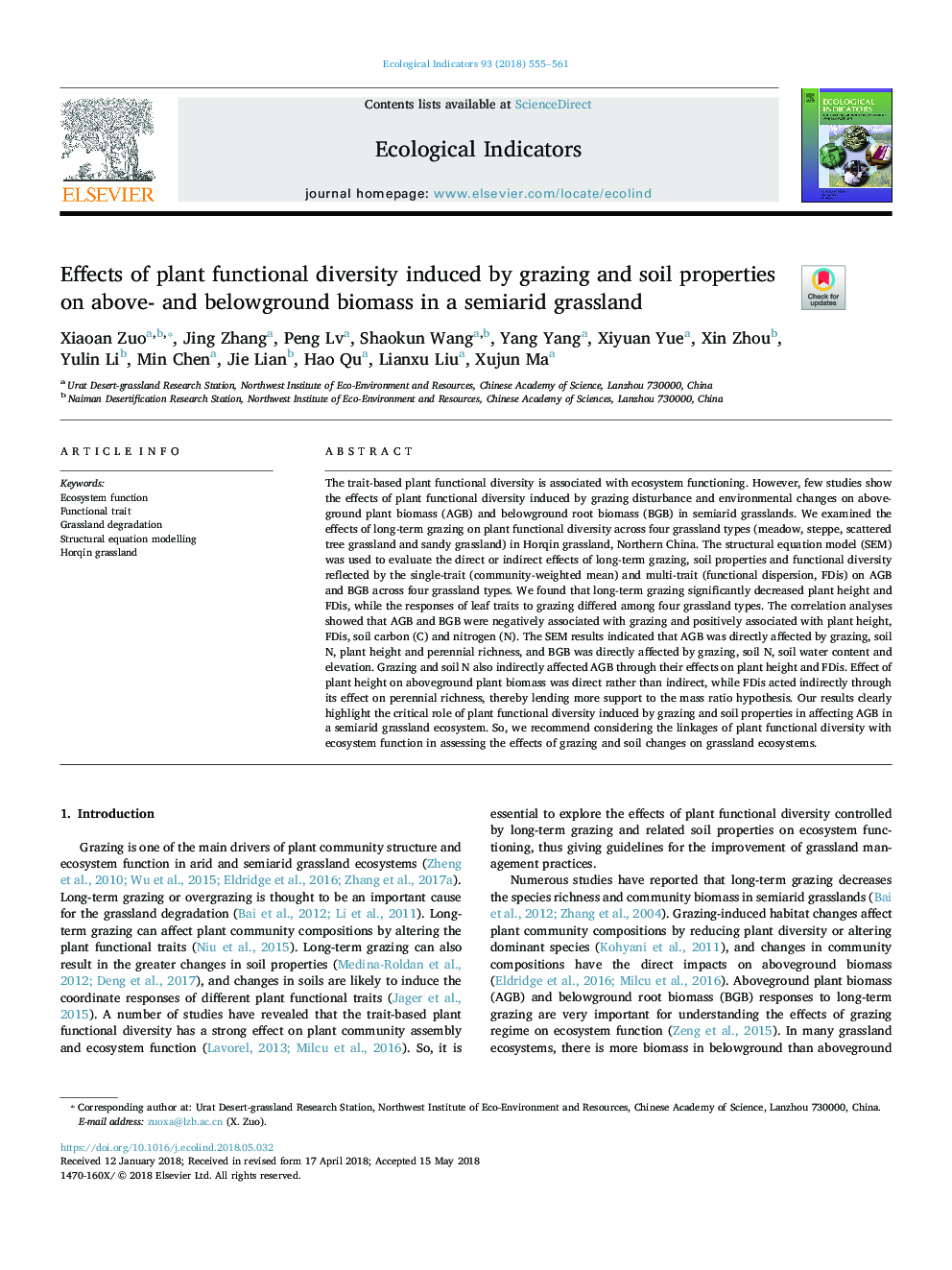 Effects of plant functional diversity induced by grazing and soil properties on above- and belowground biomass in a semiarid grassland