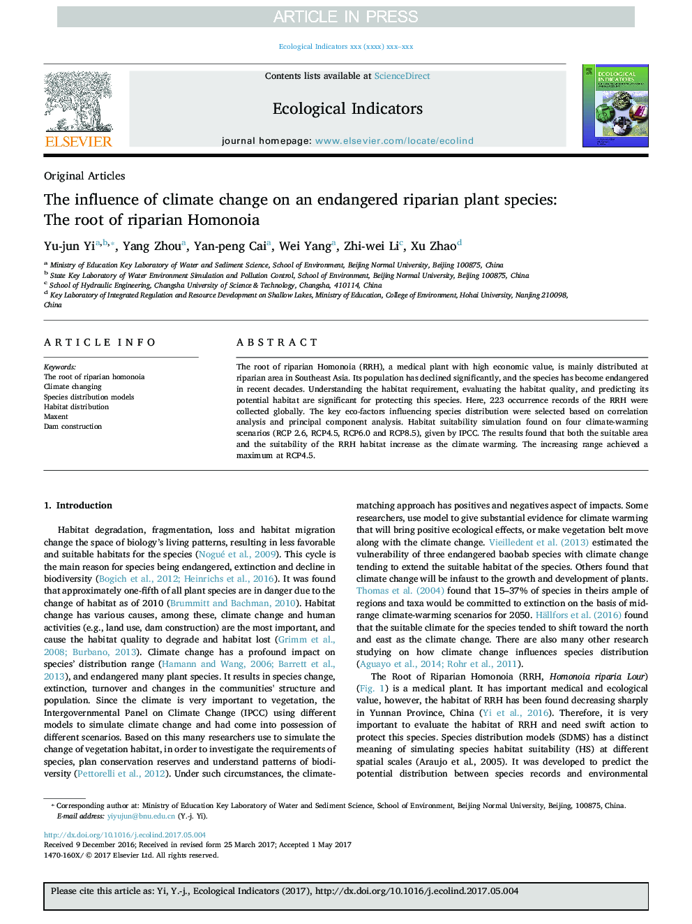 The influence of climate change on an endangered riparian plant species: The root of riparian Homonoia