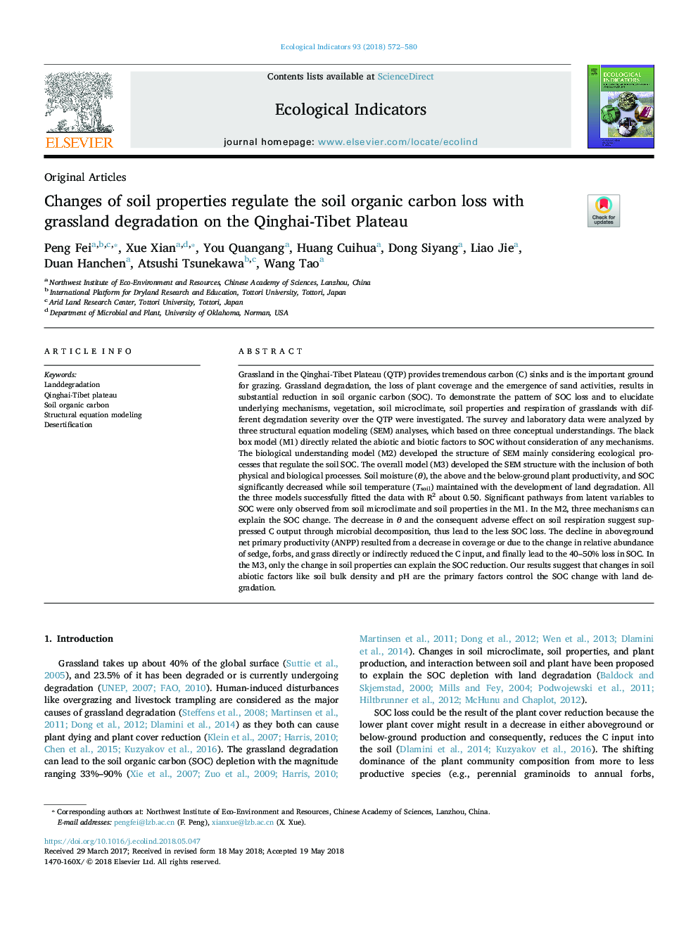 Changes of soil properties regulate the soil organic carbon loss with grassland degradation on the Qinghai-Tibet Plateau