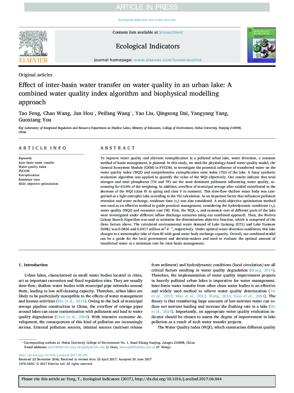 تأثیر انتقال آب بین حوضه بر کیفیت آب دریاچه ی شهری: الگوریتم شاخص کیفیت کابلی و رویکرد مدل سازی بیوفیزیکی 